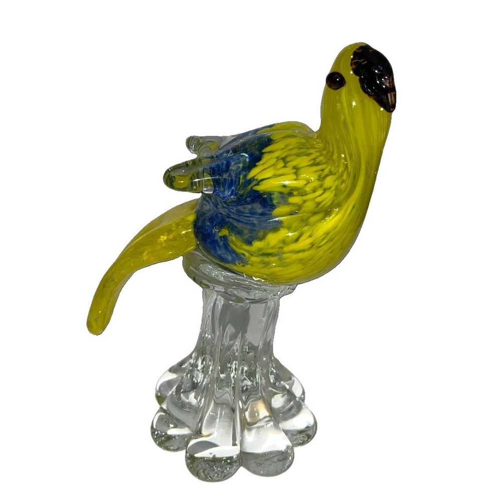 (5) Art Glass Parrot‎ Bird Yellow Blue Long Tail Figurine Paperweight Sculpture